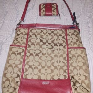 Red and khaki Coach purse and wallet